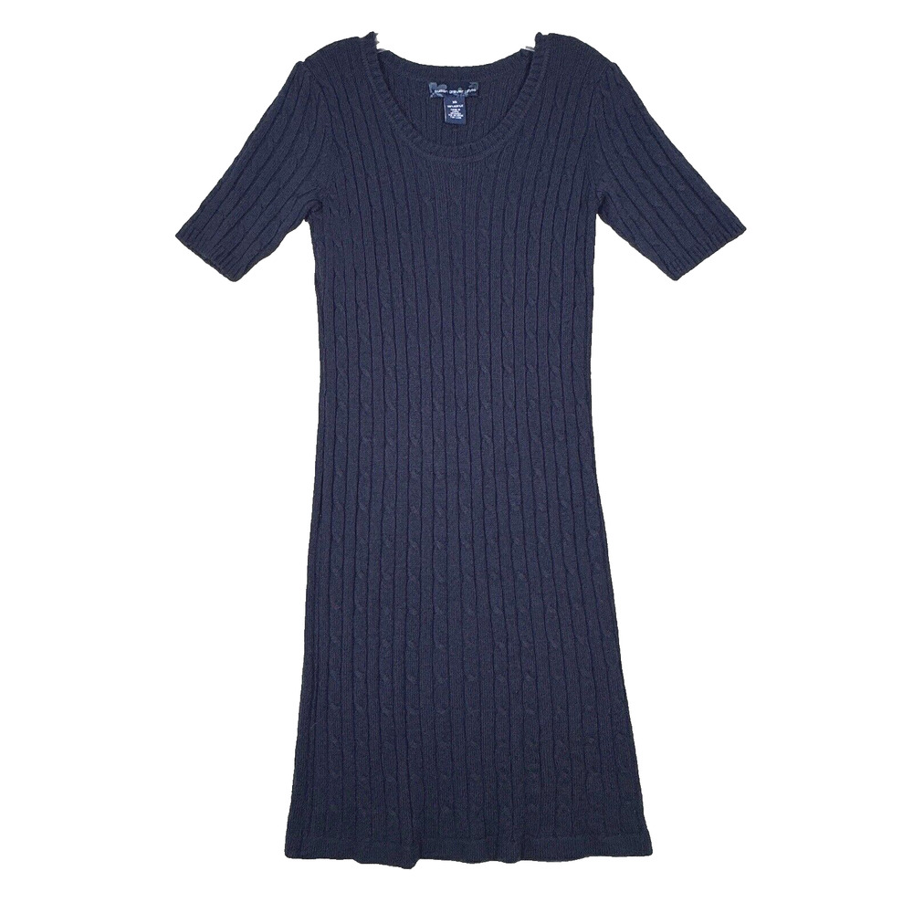 Susan Graver Style Womens XS Black Ribbed Knit Sweater Dress Short Sleeve Midi
